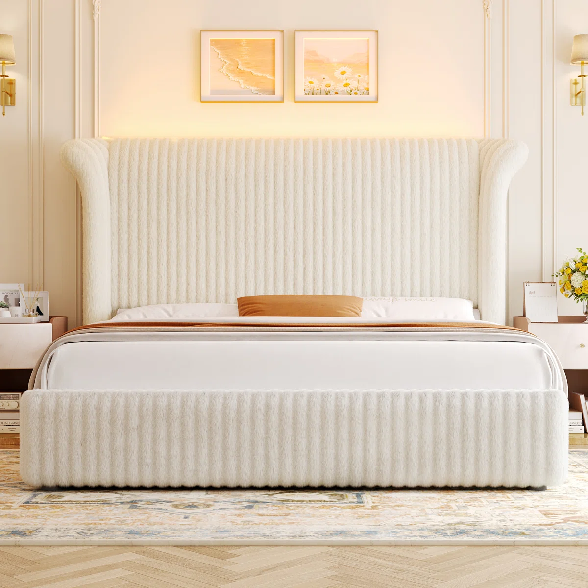 Luxurious bedroom with tall cream upholstered bed, white linens, floral side table, and elegant decor.