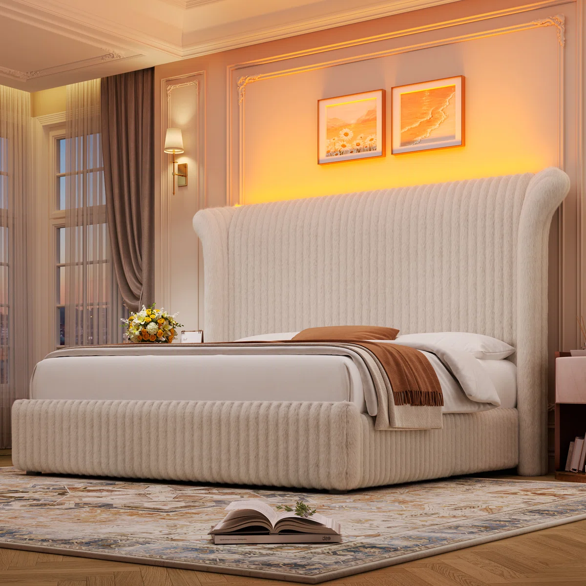 Luxurious bedroom with tall cream upholstered bed, white linens, floral side table, and elegant decor.