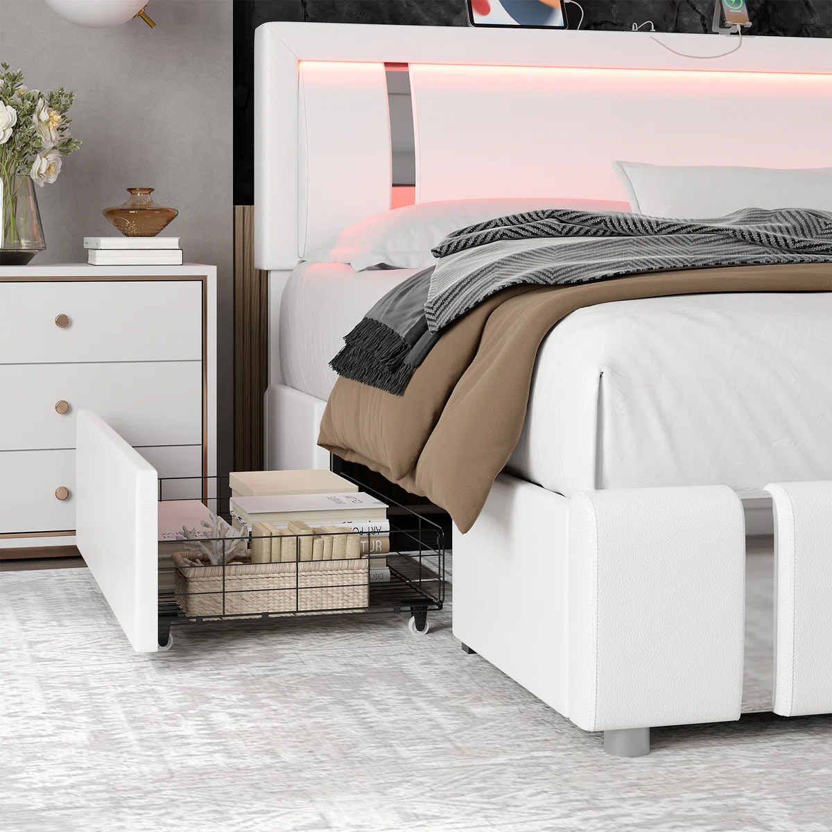 aveline pu upholstered queen storage bed with led headboard
