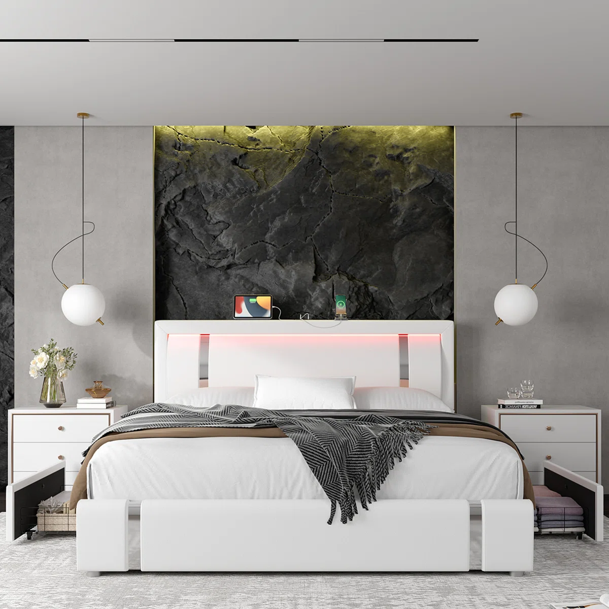 aveline pu upholstered queen storage bed with led headboard