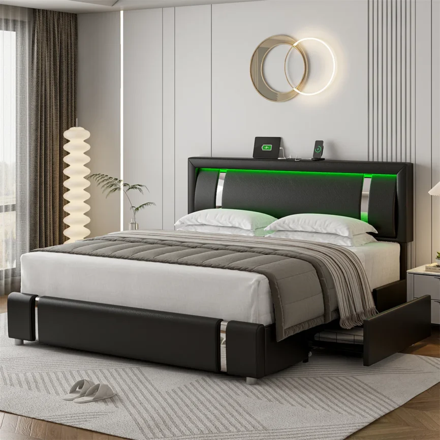 aveline pu upholstered queen storage bed with led headboard