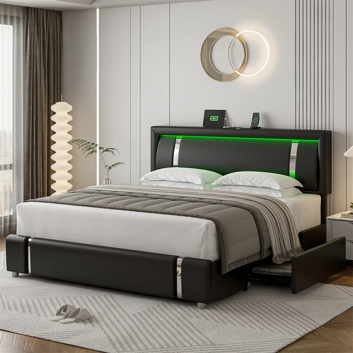 aveline pu upholstered queen storage bed with led headboard