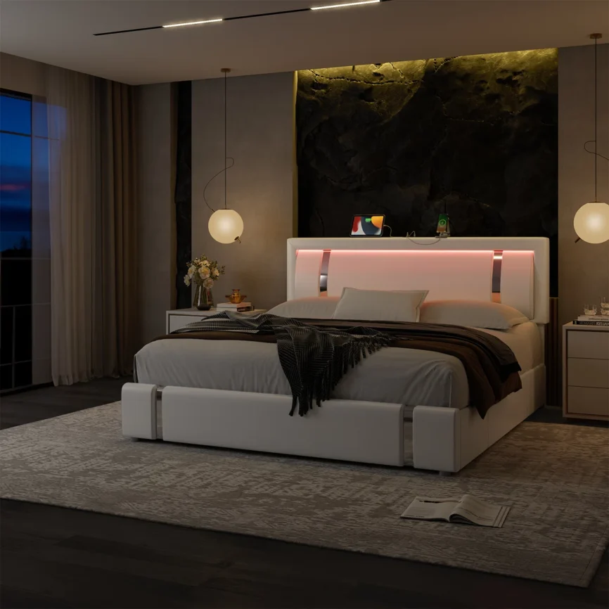 aveline pu upholstered queen storage bed with led headboard