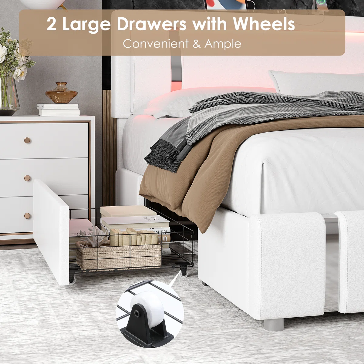 aveline pu upholstered queen storage bed with led headboard