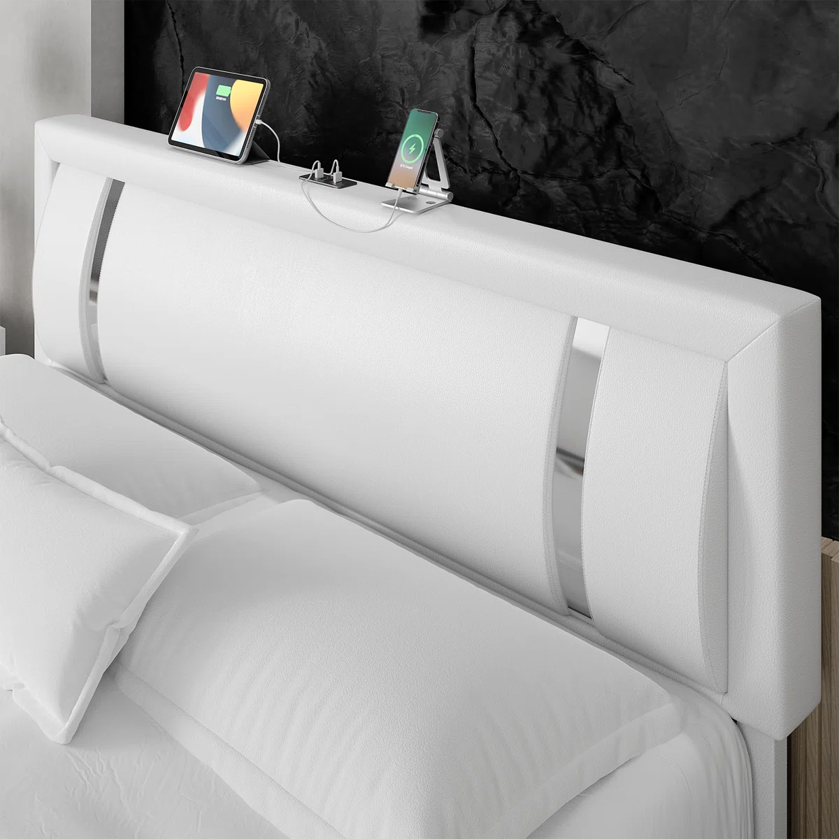 aveline pu upholstered queen storage bed with led headboard