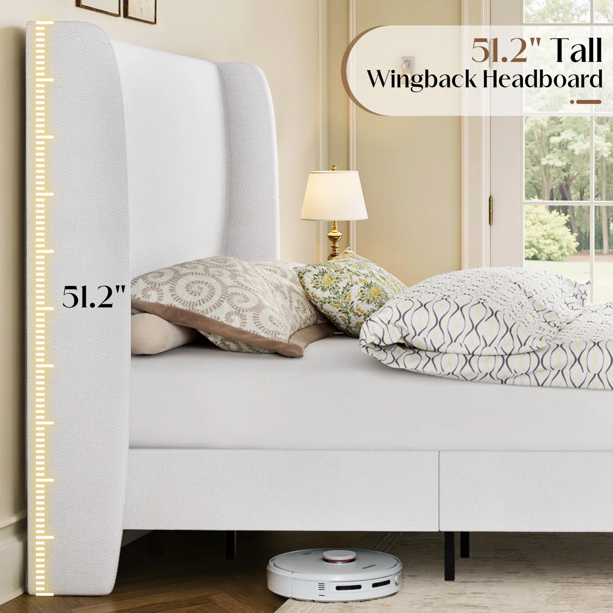 White upholstered bed with ribbed headboard, layered pillows, beige throw, and wooden nightstands in a neutral bedroom.