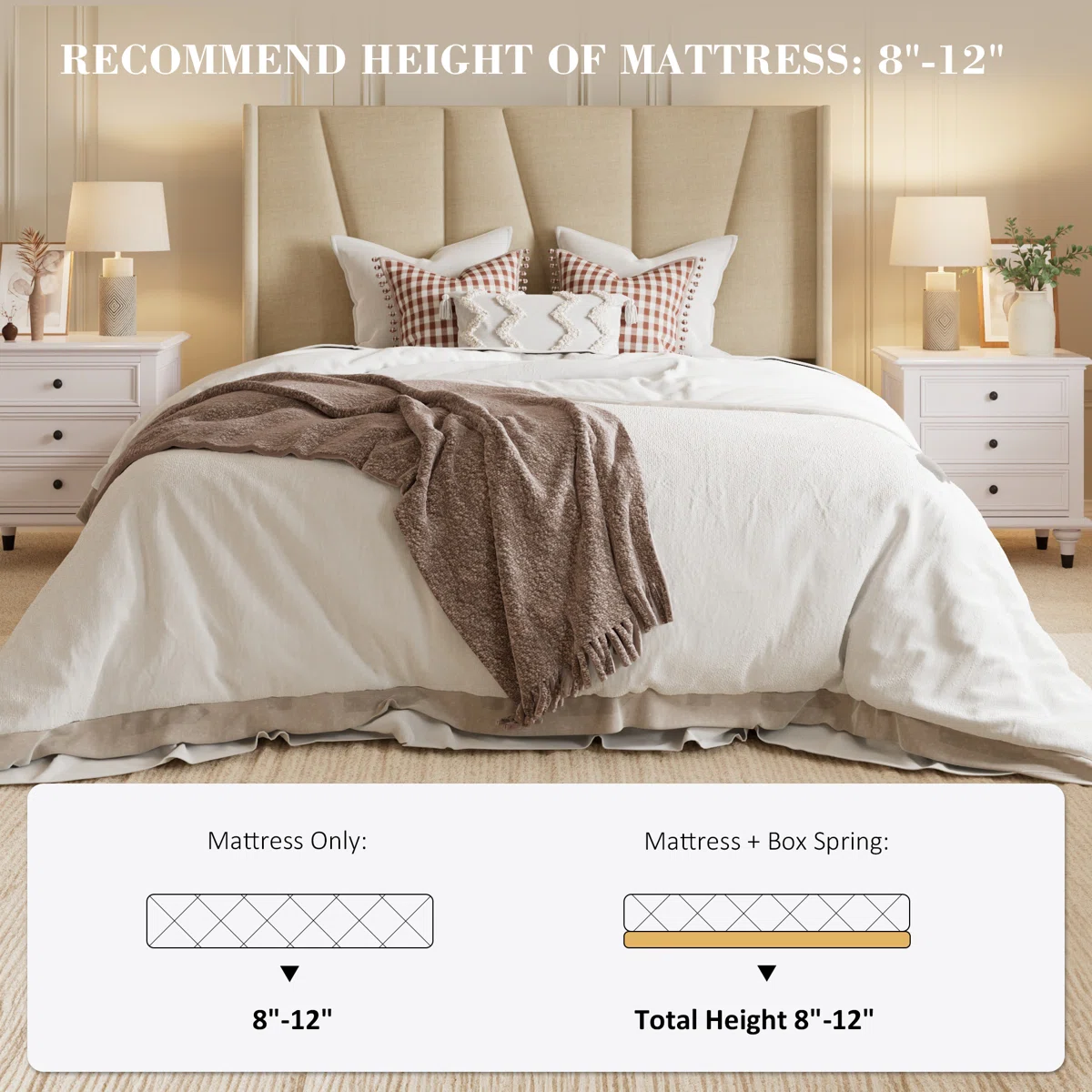 Beige upholstered bed with layered pillows, brown throw, white nightstands, and matching lamps in a cozy bedroom.