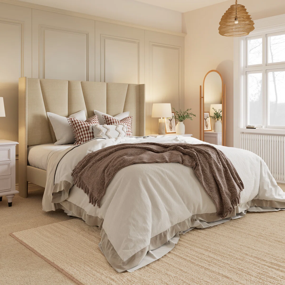 Beige upholstered bed with layered pillows, brown throw, white nightstands, and matching lamps in a cozy bedroom.