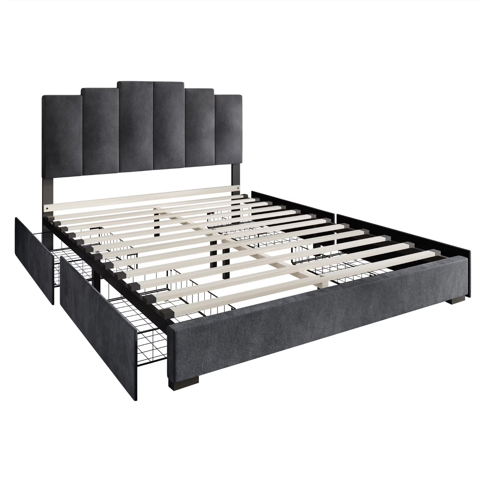 Dark gray velvet bed with stepped headboard, gray bedding, and round nightstands in a modern bedroom.
