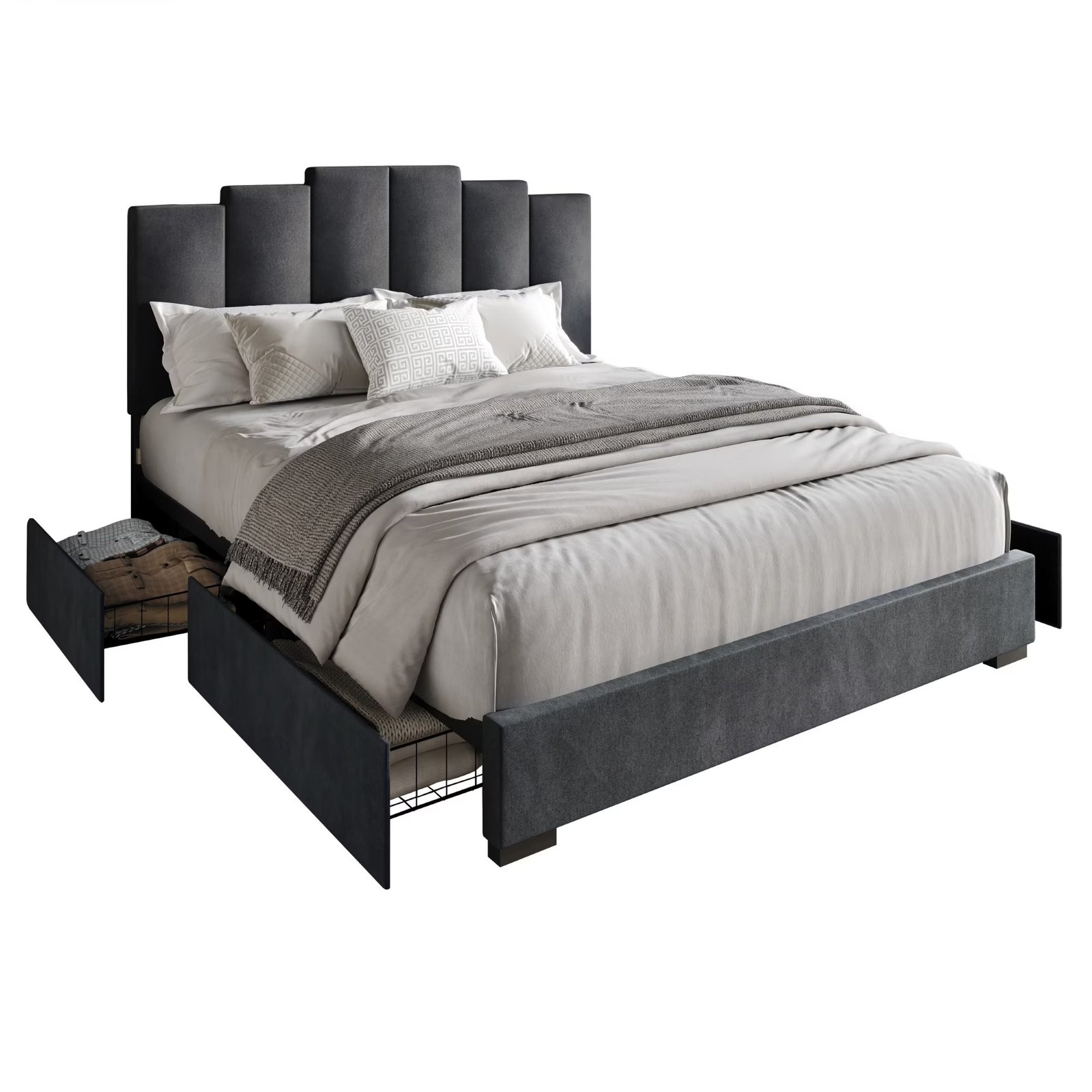 Dark gray velvet bed with stepped headboard, gray bedding, and round nightstands in a modern bedroom.