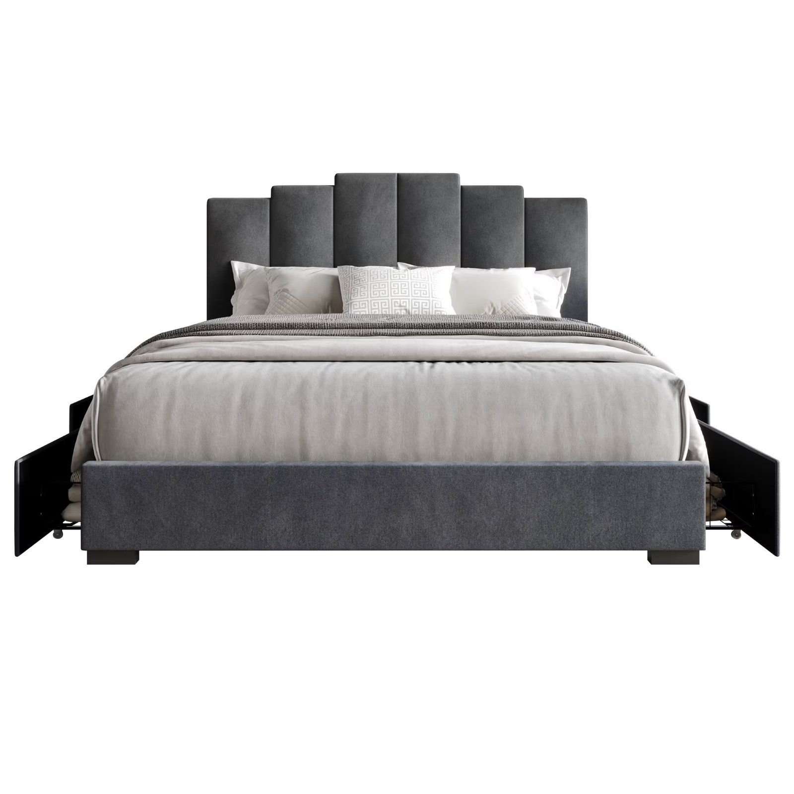 Dark gray velvet bed with stepped headboard, gray bedding, and round nightstands in a modern bedroom.