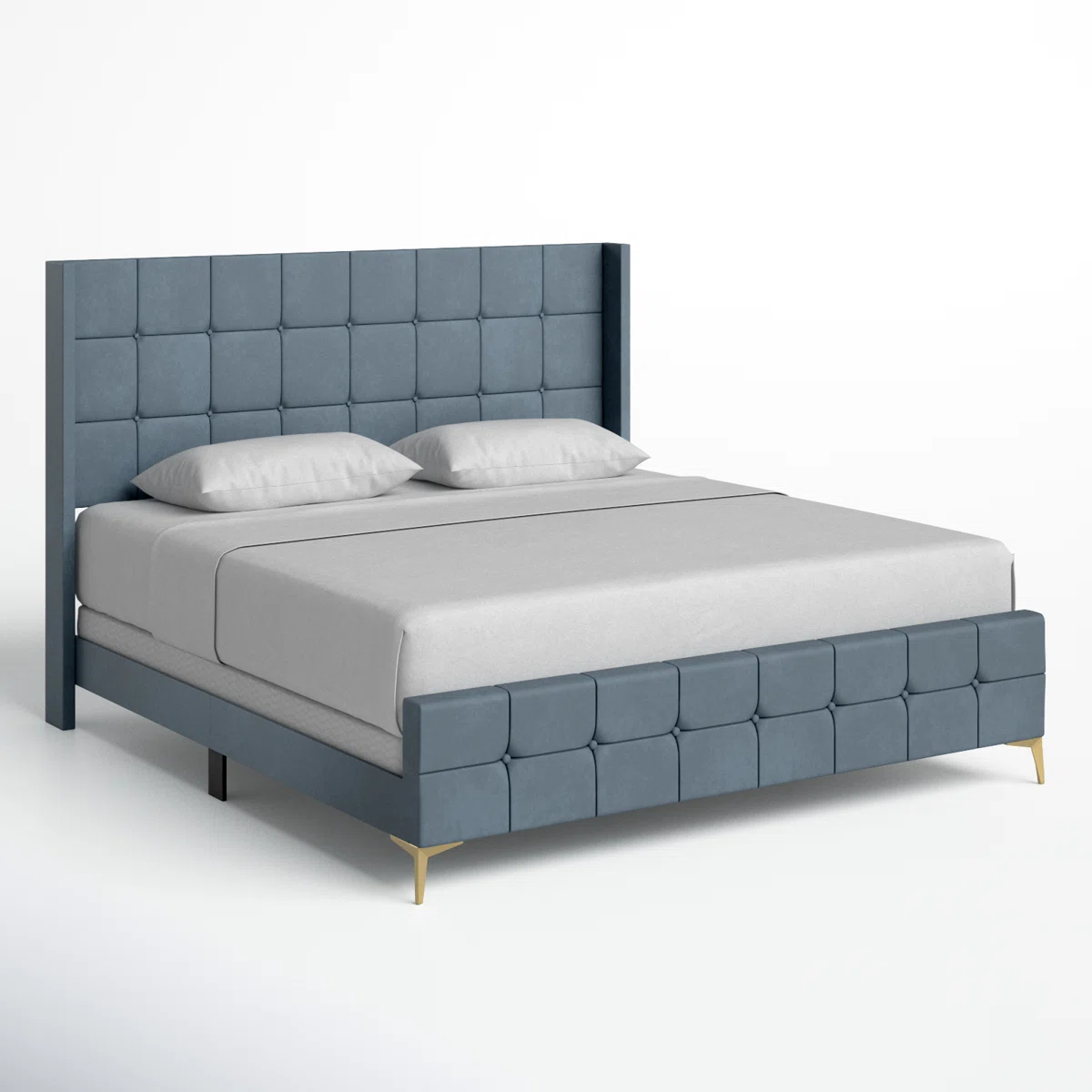 Muted blue velvet bed with grid-tufted headboard and footboard, gray bedding, and gold legs in a modern bedroom.