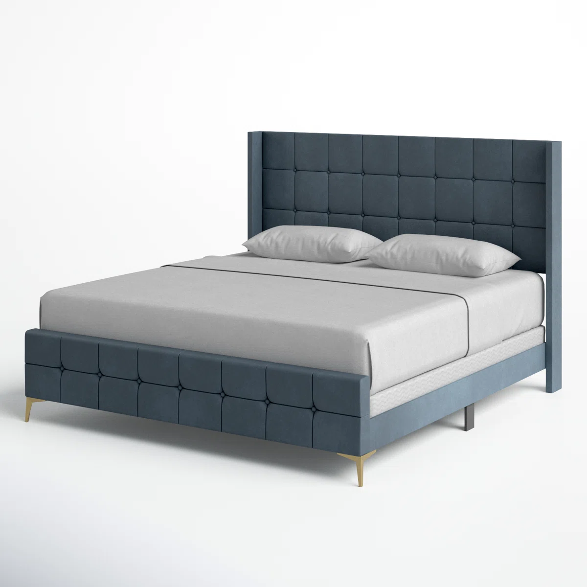 Muted blue velvet bed with grid-tufted headboard and footboard, gray bedding, and gold legs in a modern bedroom.