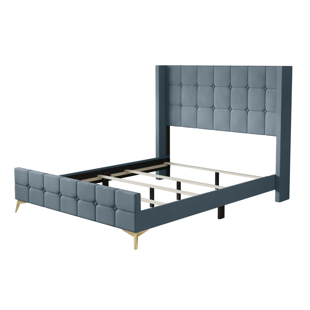 Muted blue velvet bed with grid-tufted headboard and footboard, gray bedding, and gold legs in a modern bedroom.