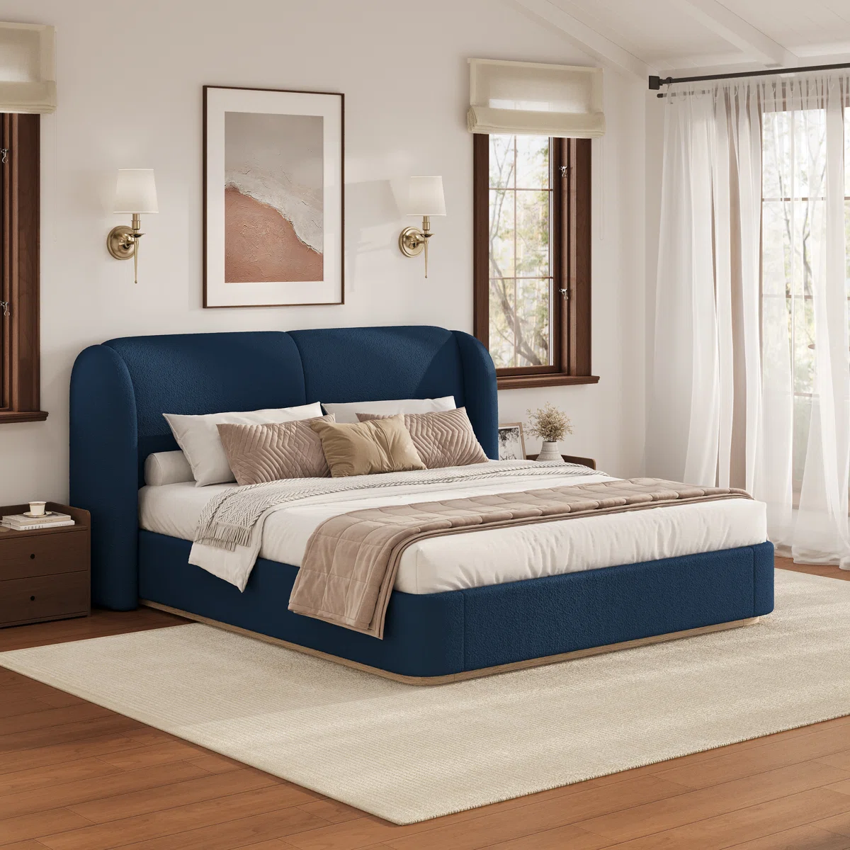 celeste boucle upholstered queen platform bed with winged headboard