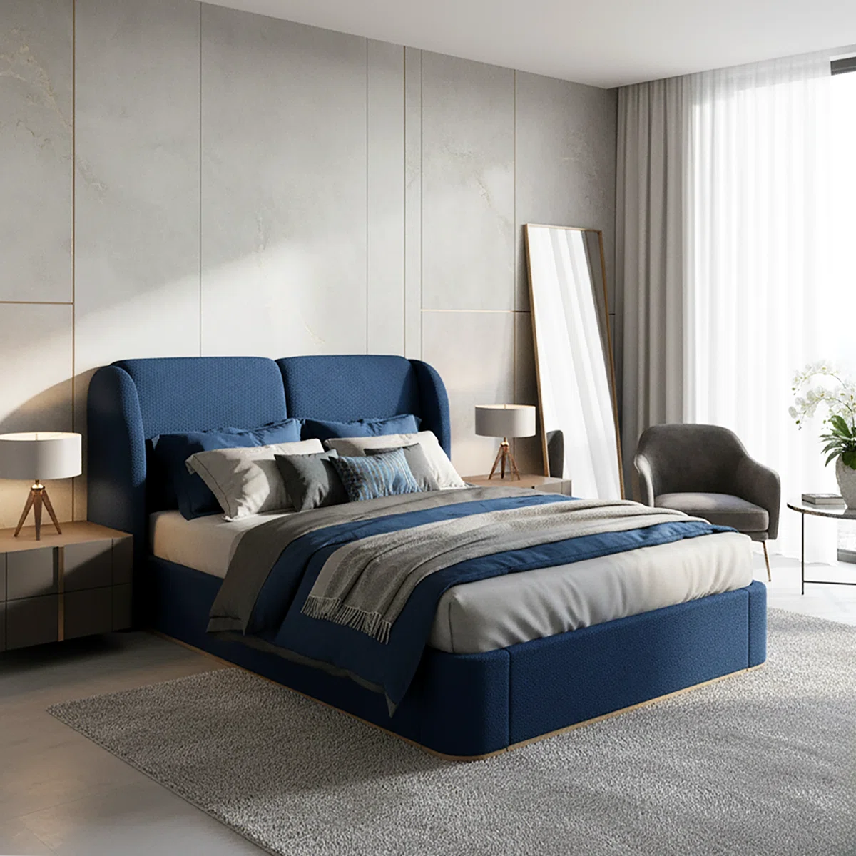 celeste boucle upholstered queen platform bed with winged headboard