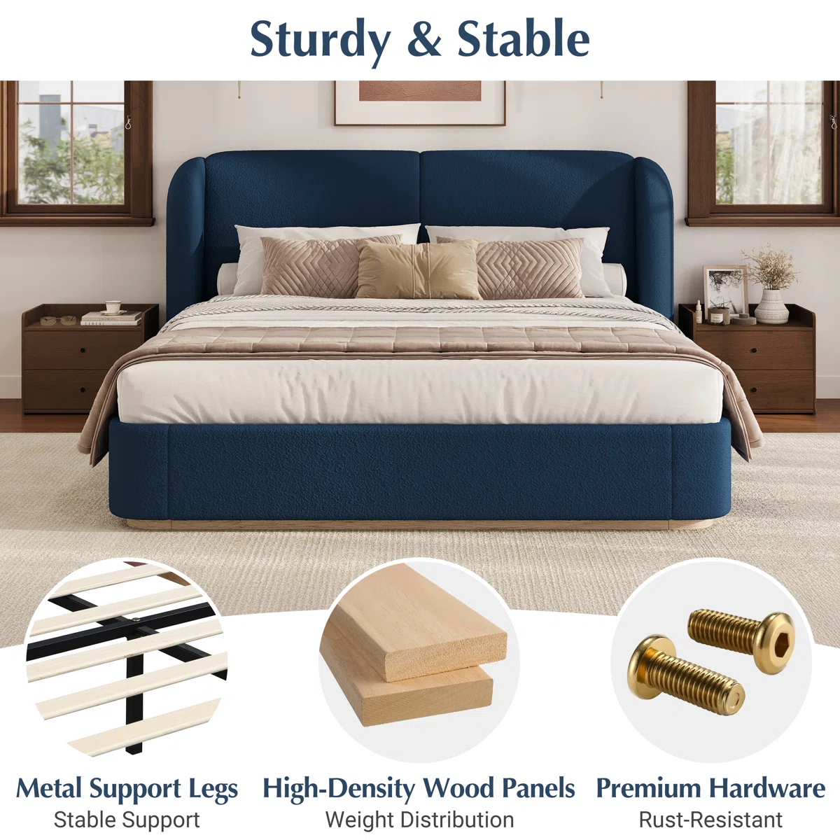 celeste boucle upholstered queen platform bed with winged headboard