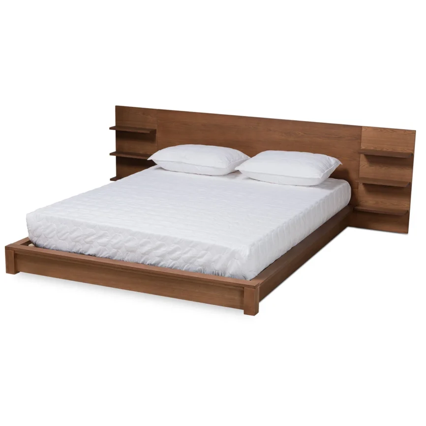 it features a walnut brown distressed finish that adds warmth and character to your bedroom. The wide rectangular headboard includes three shelves on each side, perfect for books, décor,