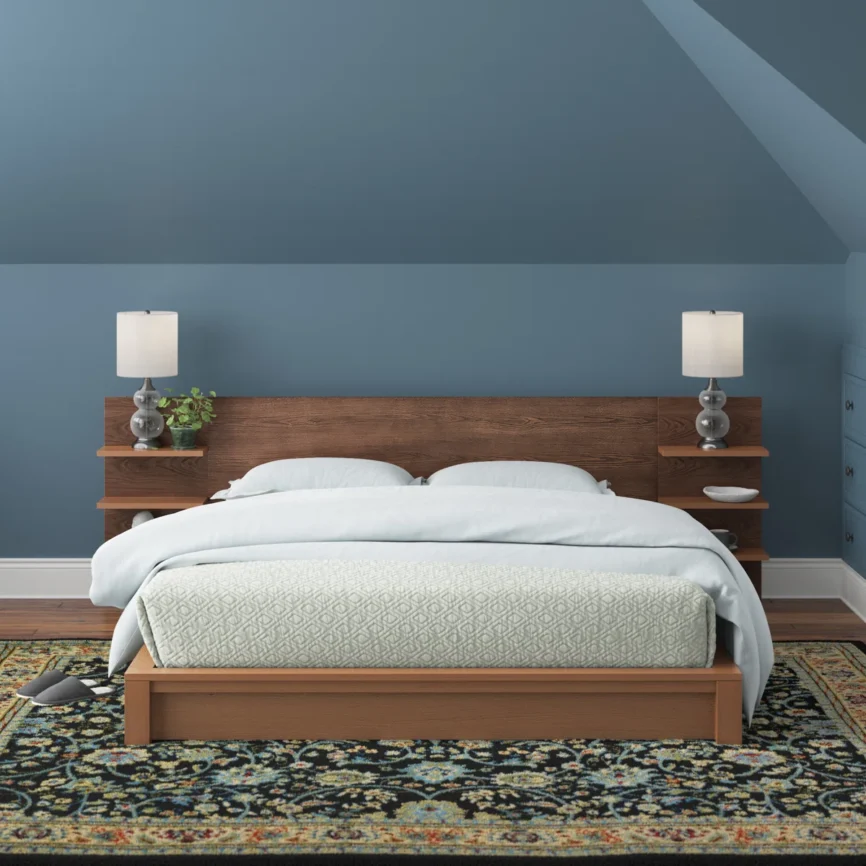 A rustic modern platform bed with shelved headboard, sturdy slats, and timeless design.