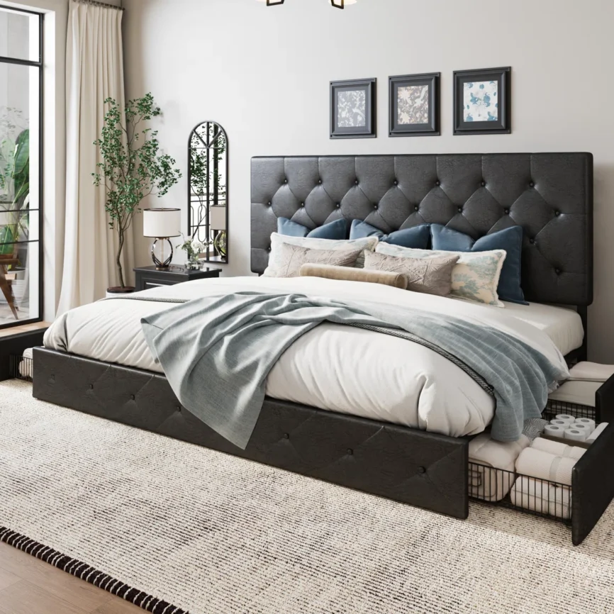 Black tufted faux leather bed with white bedding, gray blanket, and blue-beige pillows in a modern bedroom.