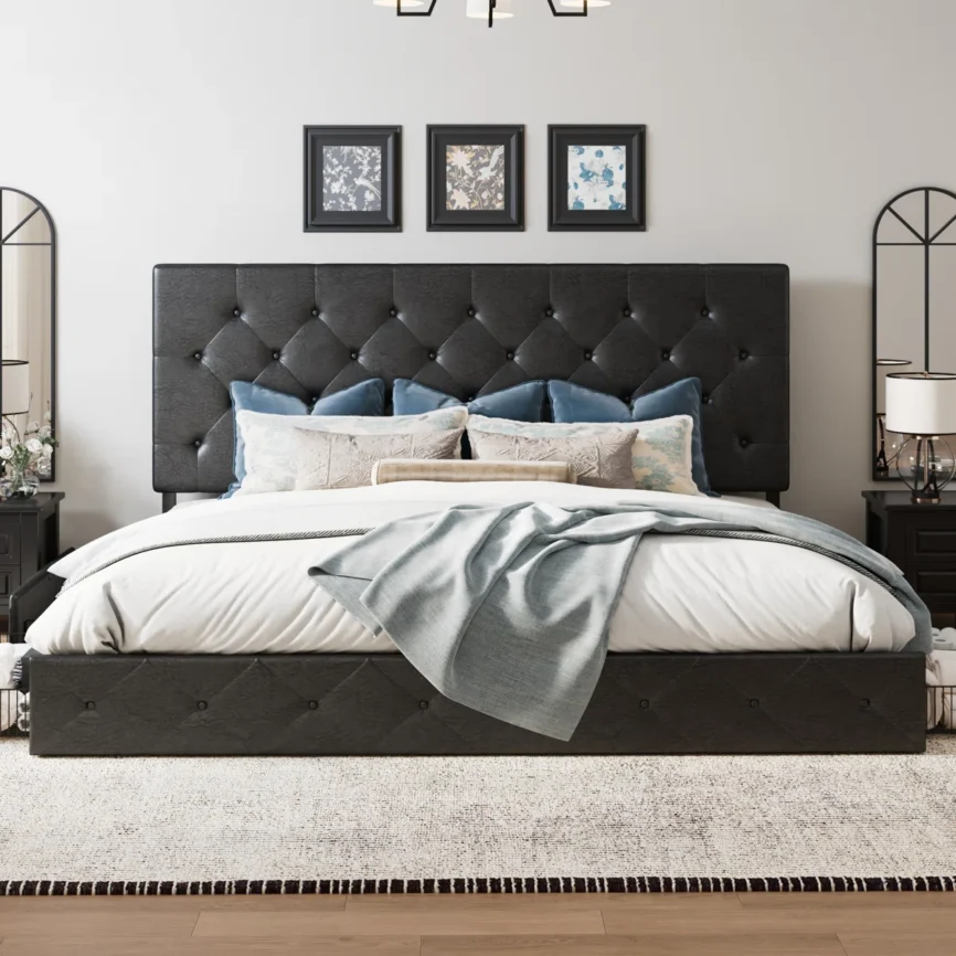 Black tufted faux leather bed with white bedding, gray blanket, and blue-beige pillows in a modern bedroom.