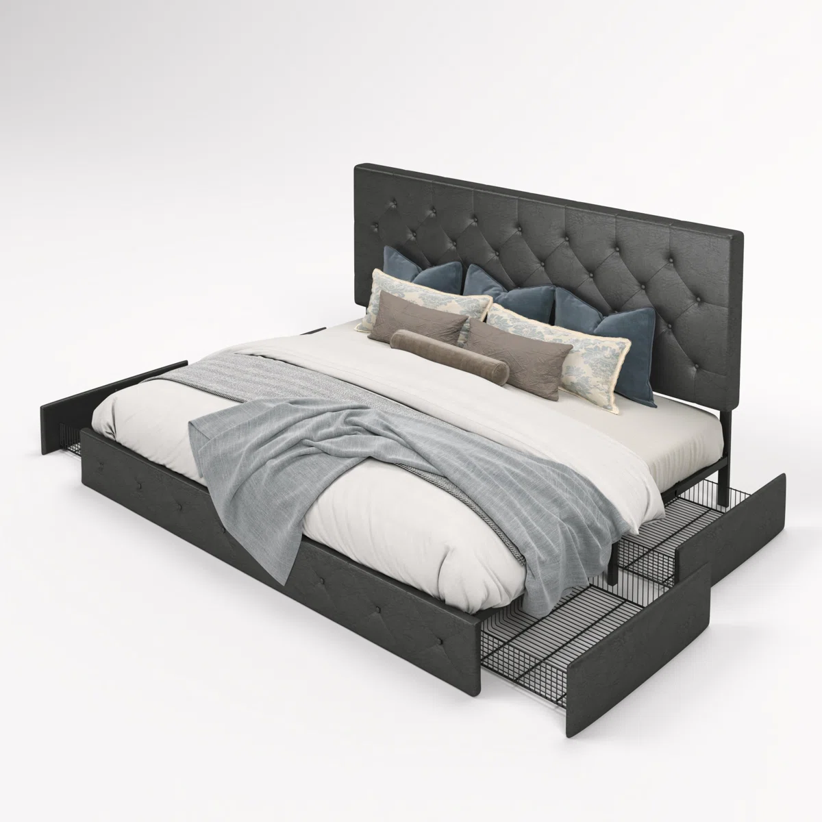 Black tufted faux leather bed with white bedding, gray blanket, and blue-beige pillows in a modern bedroom.