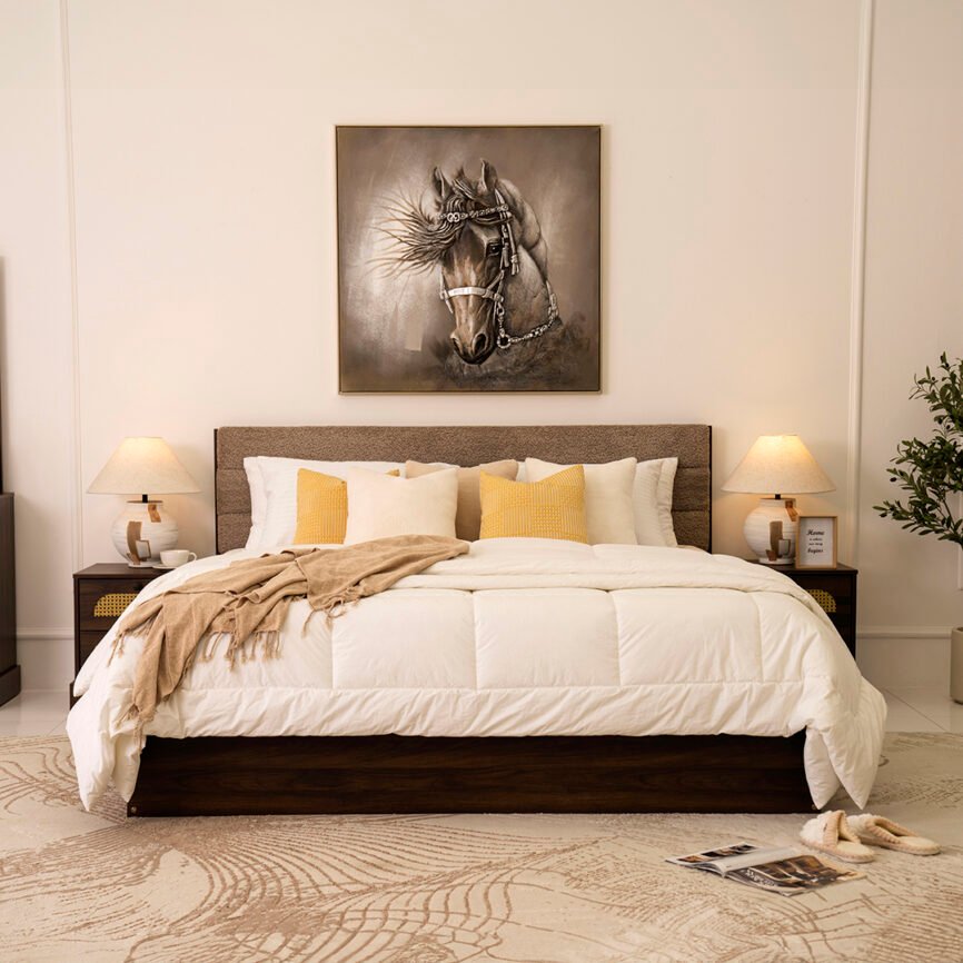 eden walnut modern bed with fabric accents