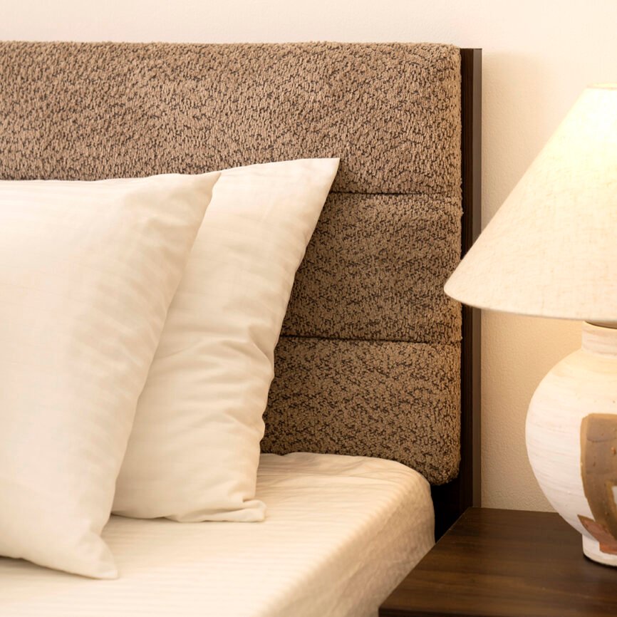 eden walnut modern bed with fabric accents