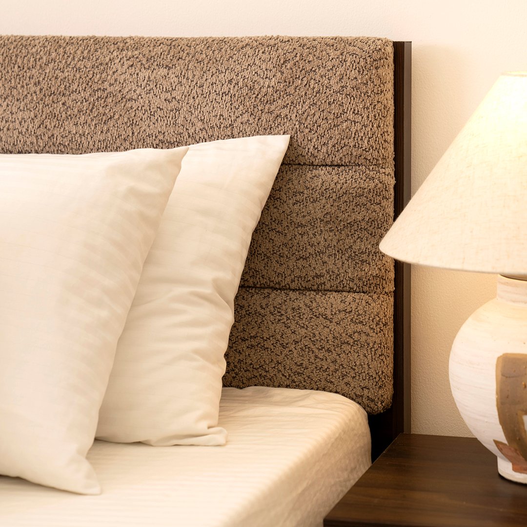 eden walnut modern bed with fabric accents