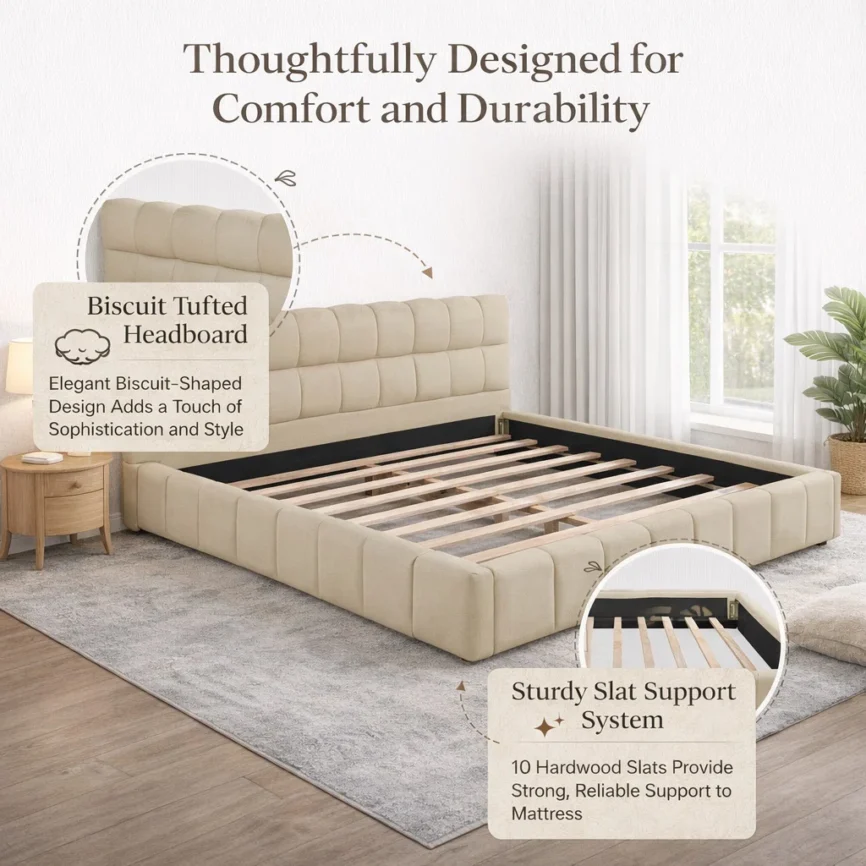 Beige upholstered bed with grid-patterned headboard, layered bedding, and light wood nightstands in a modern bedroom.