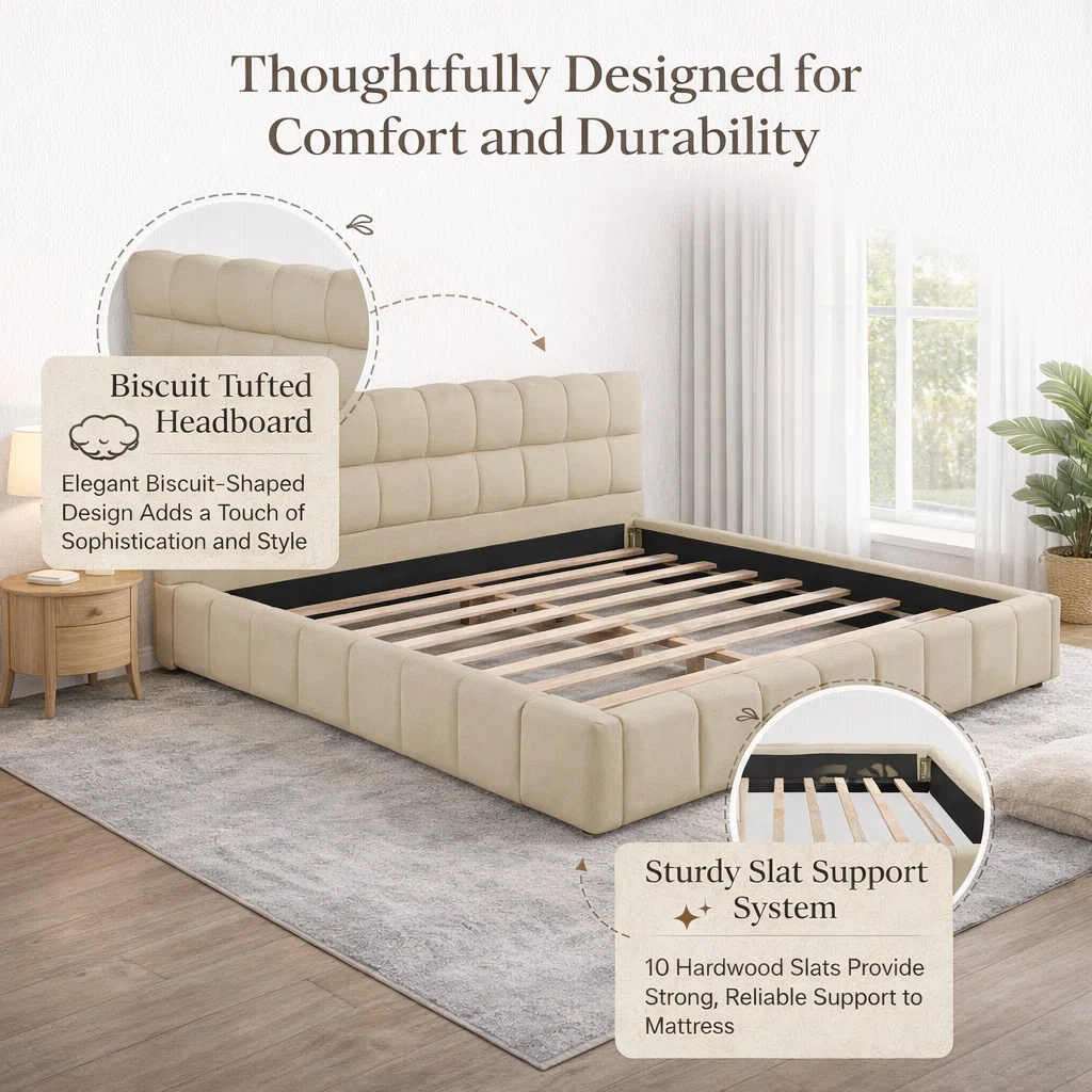 Beige upholstered bed with grid-patterned headboard, layered bedding, and light wood nightstands in a modern bedroom.