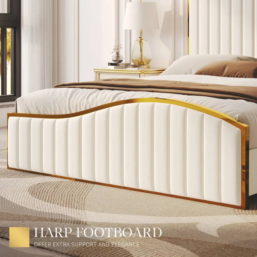 Cream velvet queen bed with gold-trimmed harp headboard, tufted panels, and elegant bedroom styling.