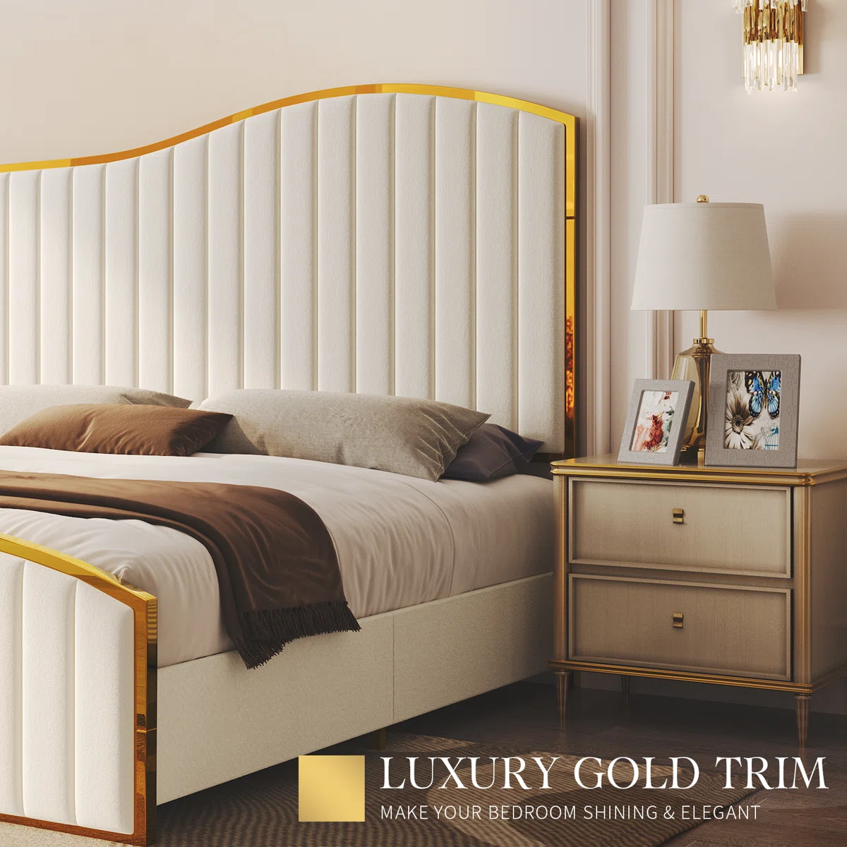 Cream velvet queen bed with gold-trimmed harp headboard, tufted panels, and elegant bedroom styling.