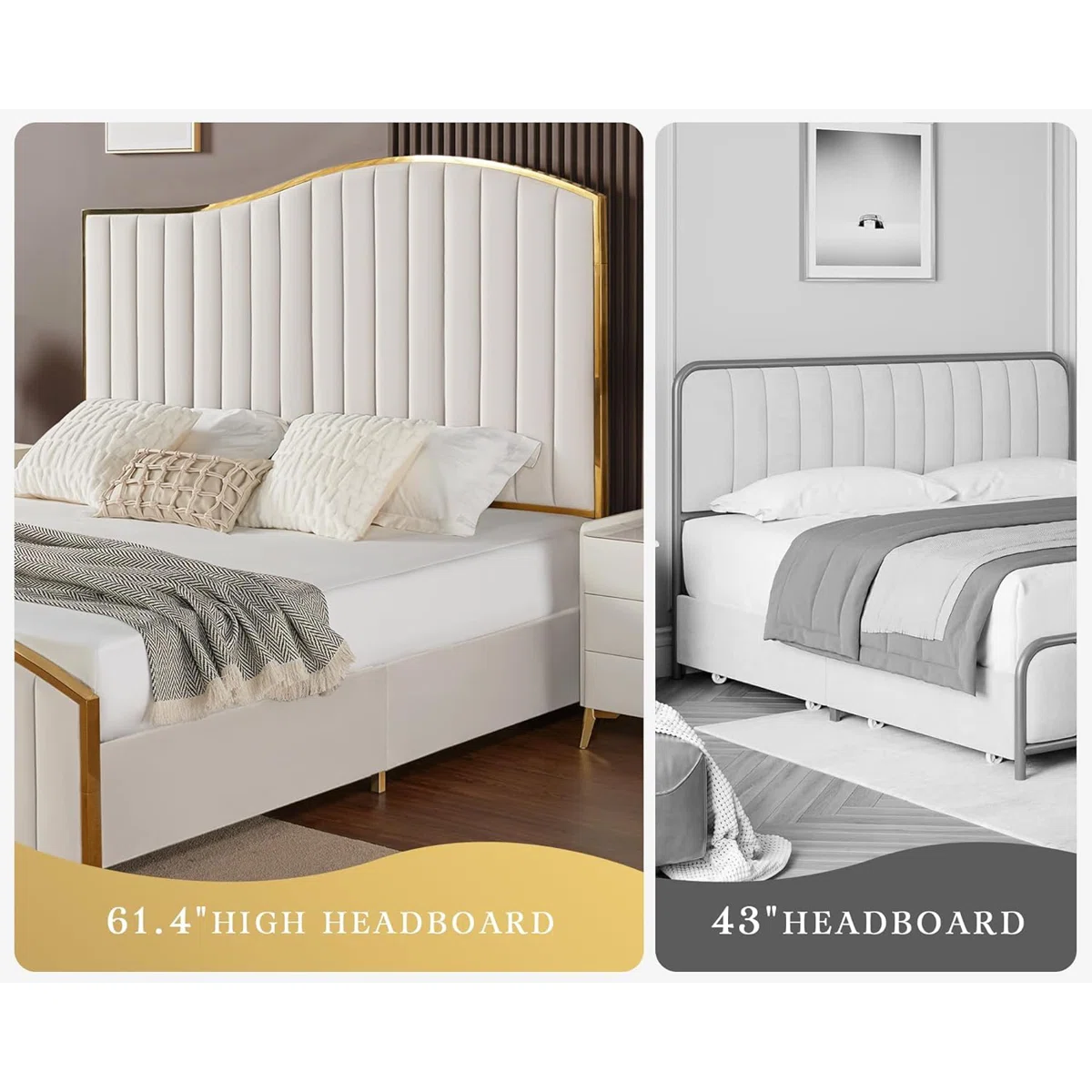 Cream velvet queen bed with gold-trimmed harp headboard, tufted panels, and elegant bedroom styling.