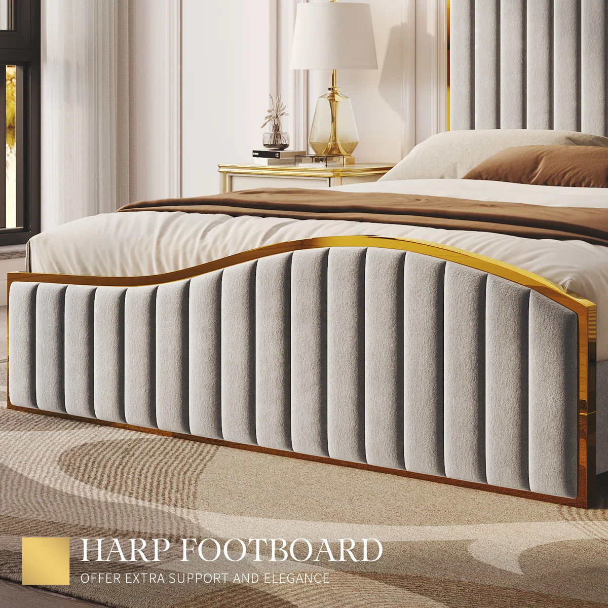 Cream velvet queen bed with gold-trimmed harp headboard, tufted panels, and elegant bedroom styling.