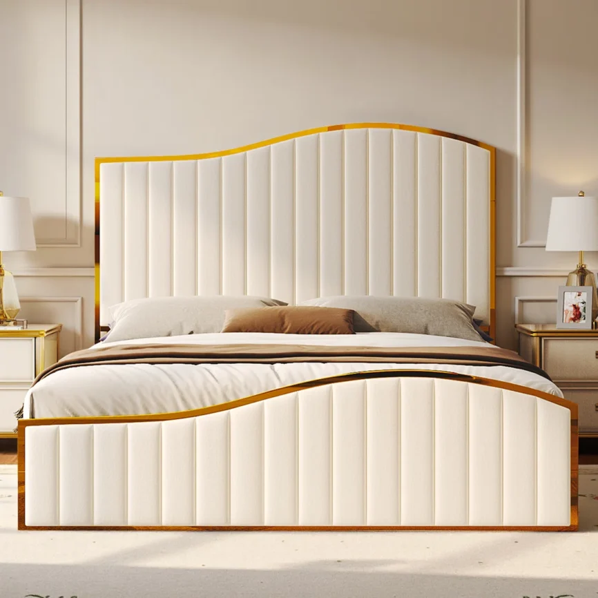 Cream velvet queen bed with gold-trimmed harp headboard, tufted panels, and elegant bedroom styling.