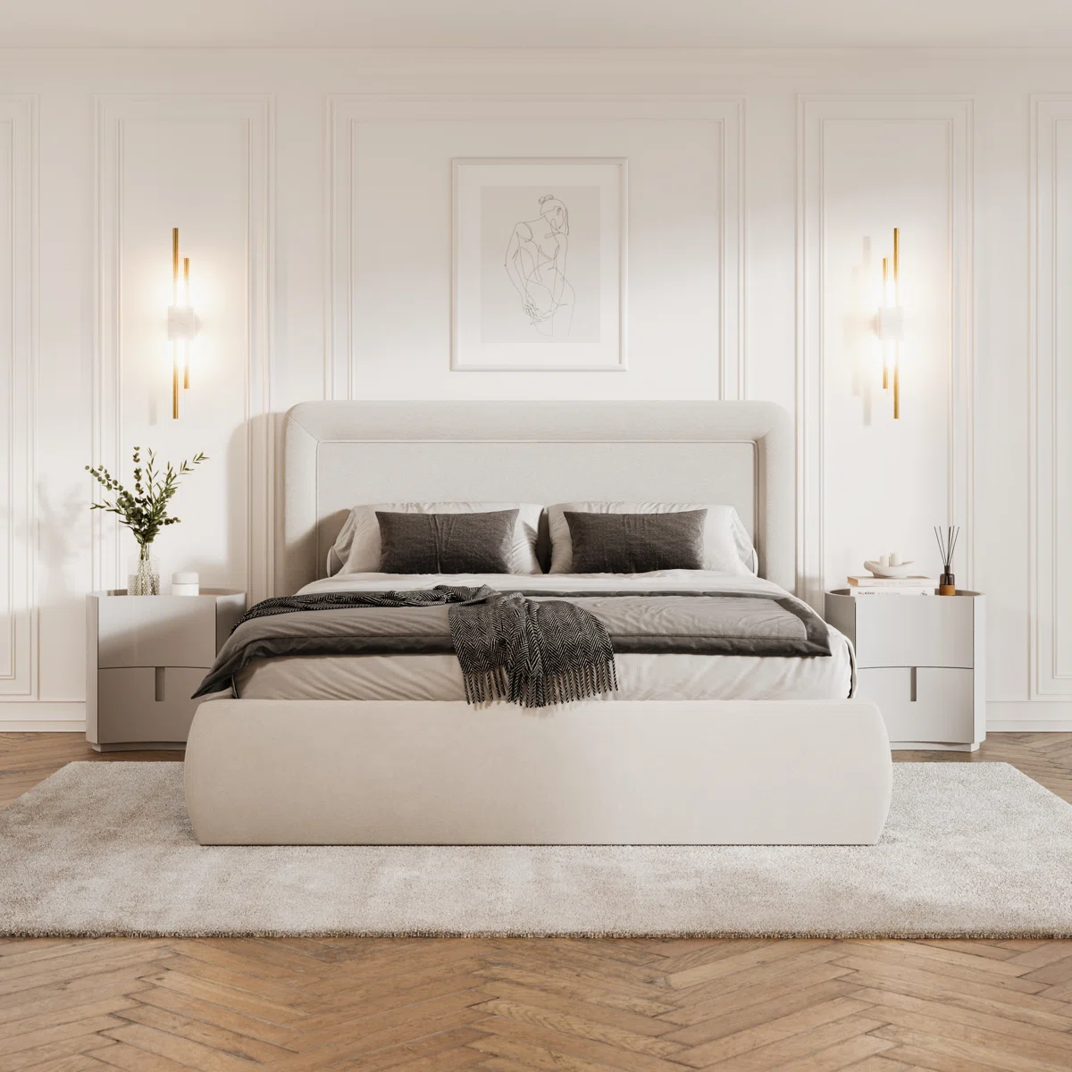 Beige upholstered bed with vertical headboard, gray bedding, and white nightstand in a modern bedroom.
