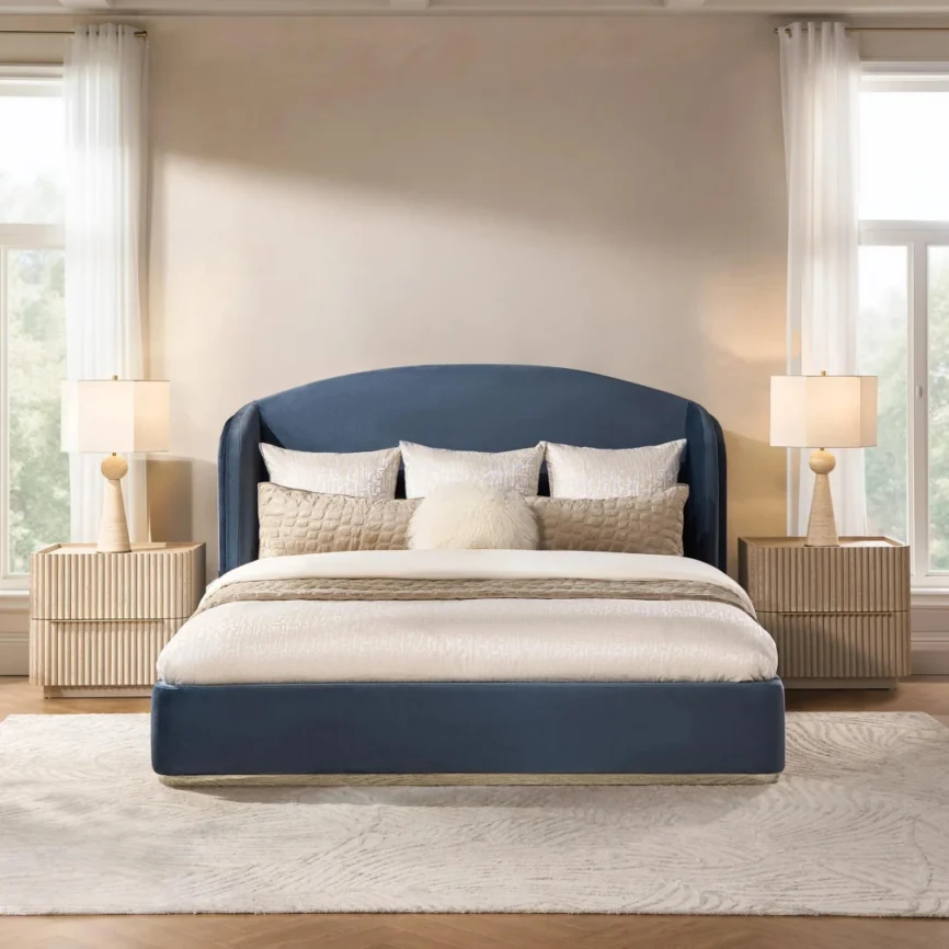 Velvet elegance meets golden glamour—transform your bedroom with the Glimmer Velvet Bed in Dusty Blue.