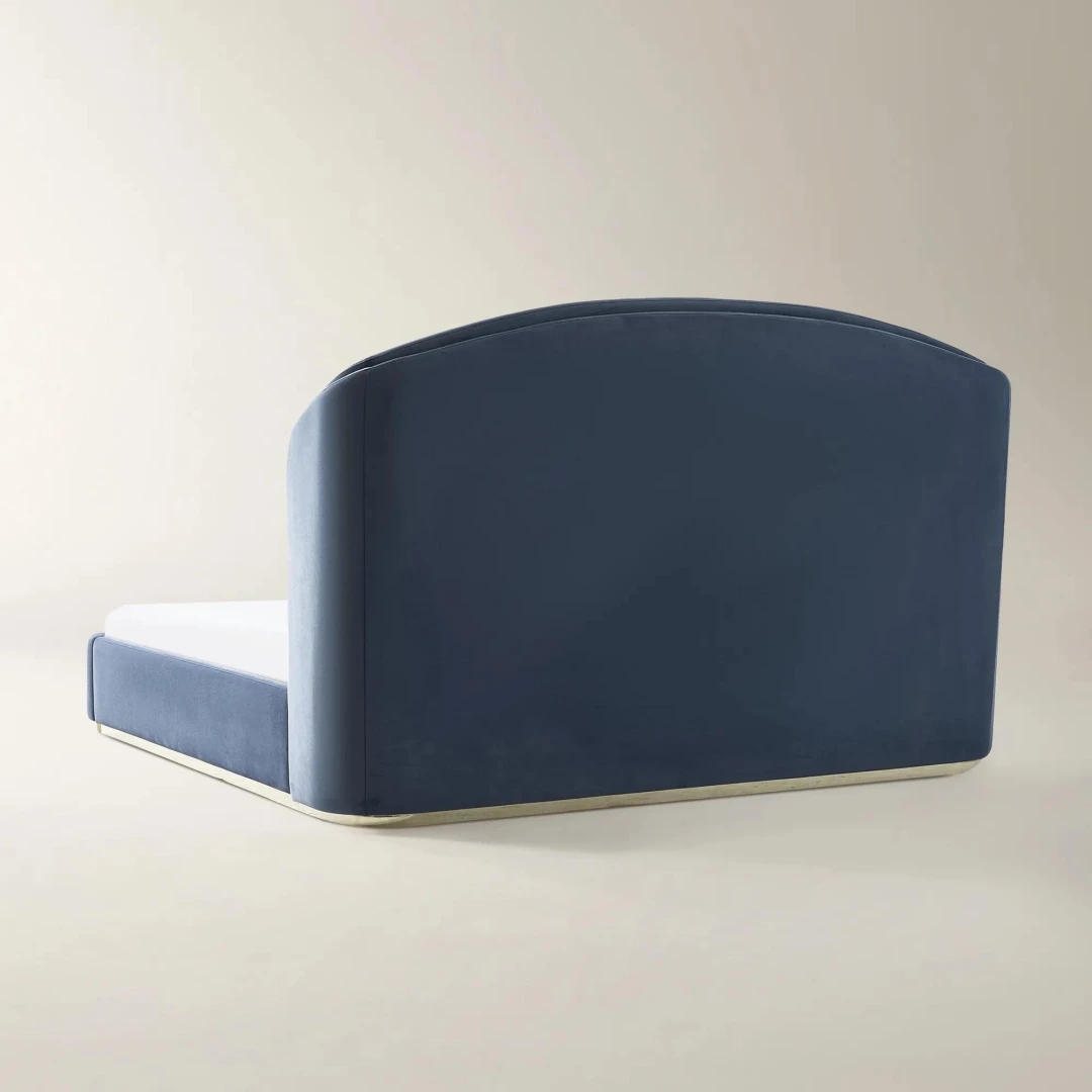 dusty blue velvet bed with gold base
