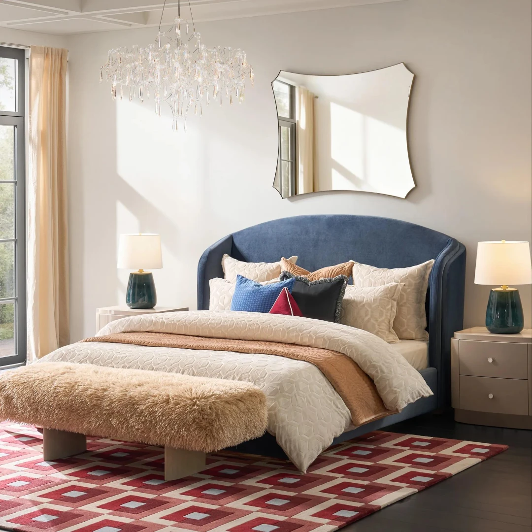 dusty blue velvet bed with gold base