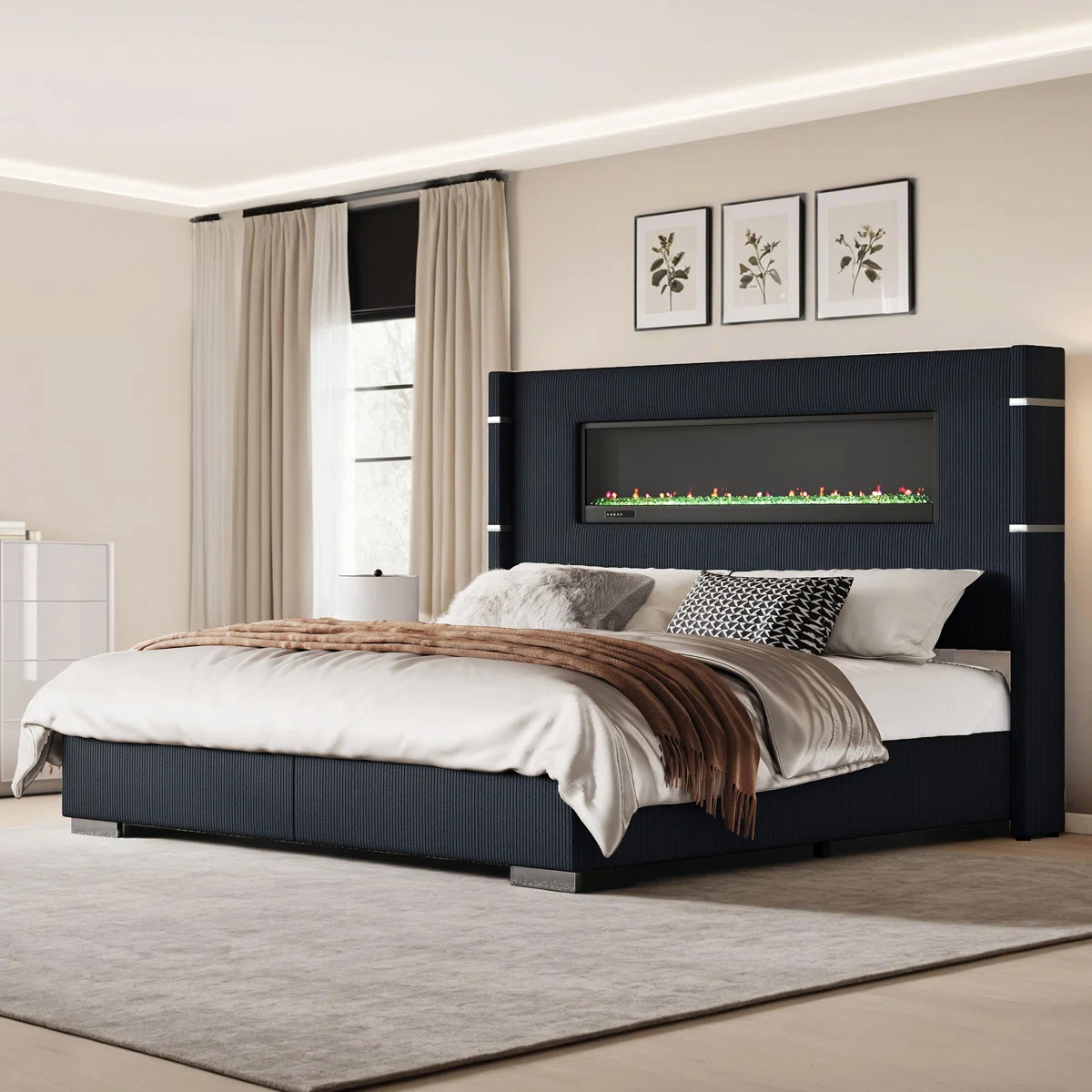 Dark upholstered king bed with built-in LED fireplace, white bedding, and matching nightstands in a modern bedroom.