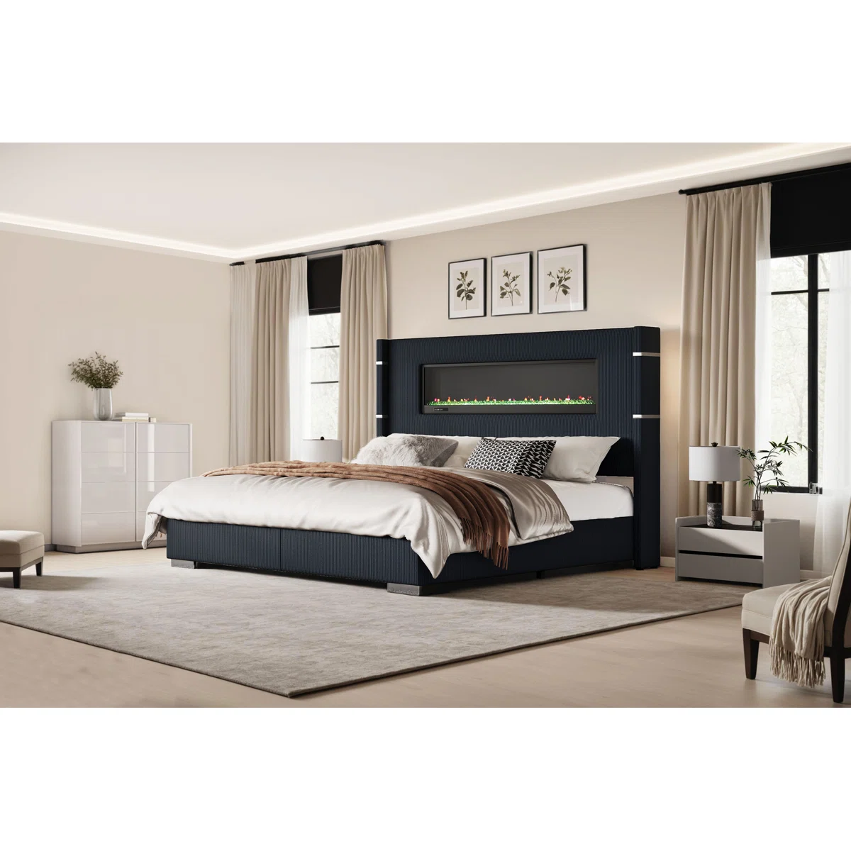 Dark upholstered king bed with built-in LED fireplace, white bedding, and matching nightstands in a modern bedroom.