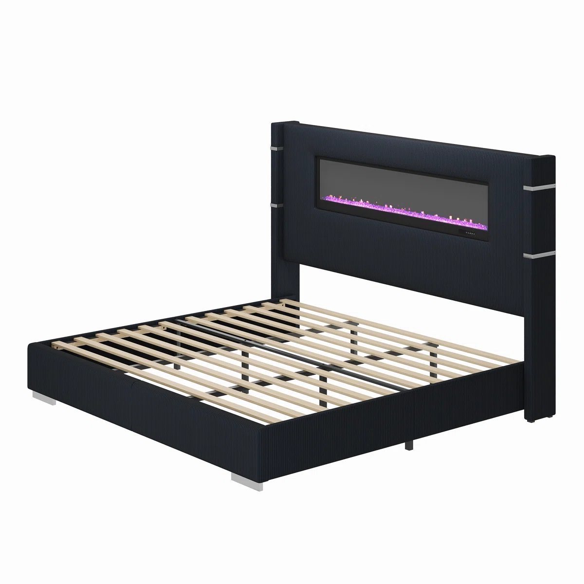 Dark upholstered king bed with built-in LED fireplace, white bedding, and matching nightstands in a modern bedroom.