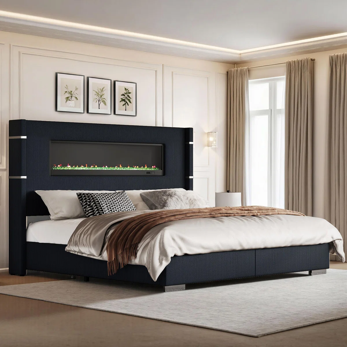 Dark upholstered king bed with built-in LED fireplace, white bedding, and matching nightstands in a modern bedroom.