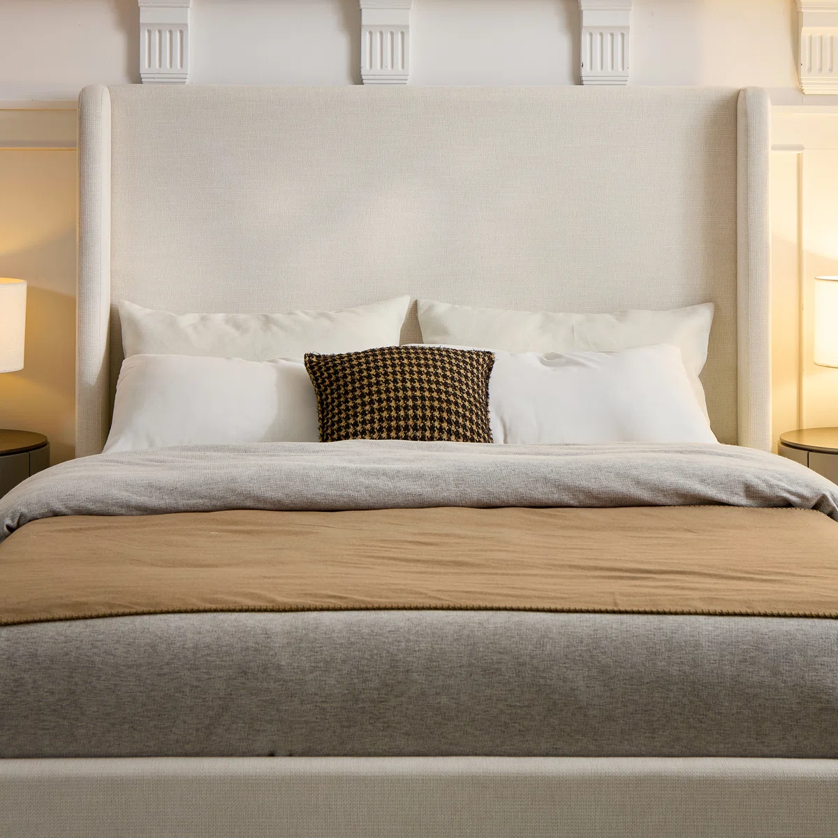 isla ivory chenille upholstered king wingback bed with tall headboard