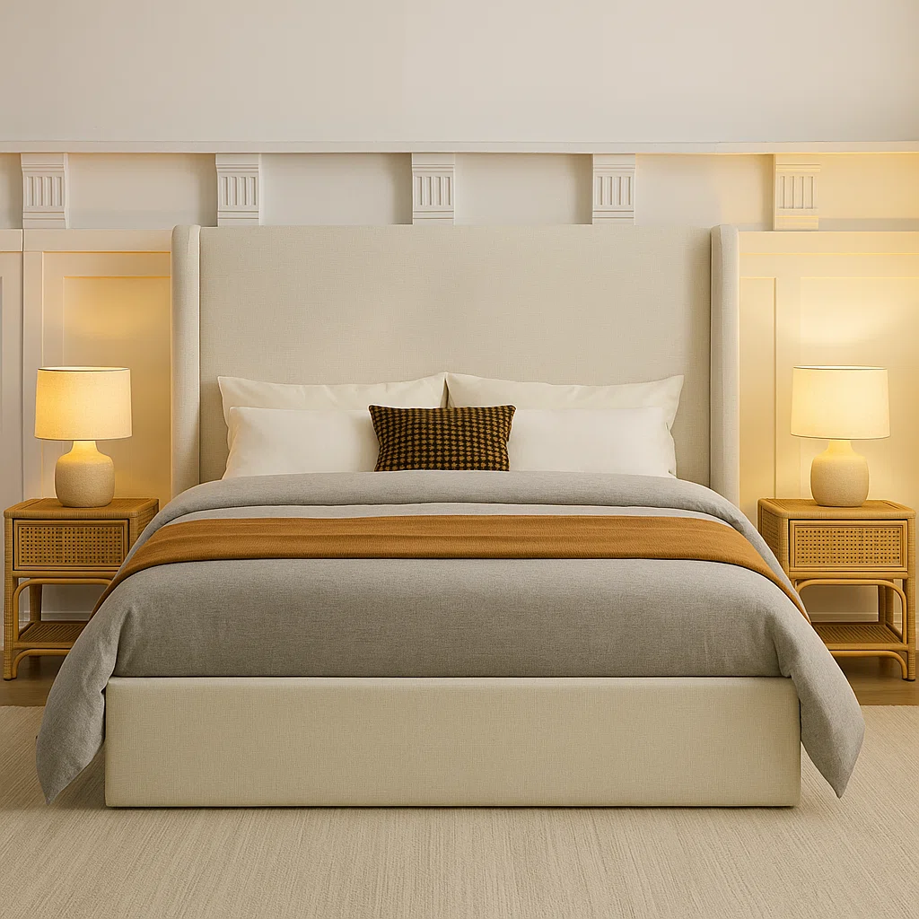 isla ivory chenille upholstered king wingback bed with tall headboard