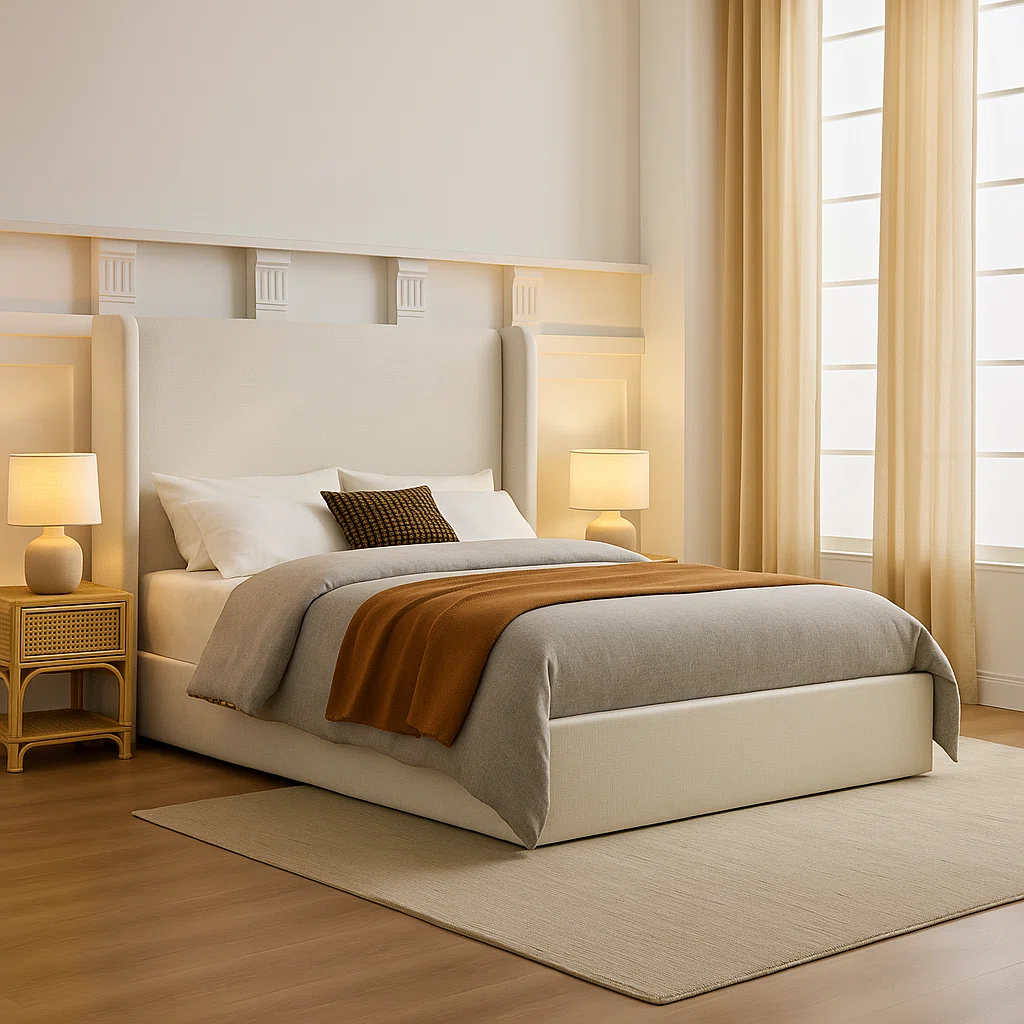 isla ivory chenille upholstered king wingback bed with tall headboard