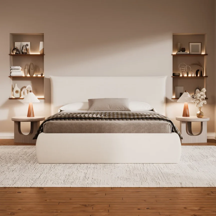 Beige upholstered queen bed with white and brown bedding, wooden nightstands, and cozy modern deco