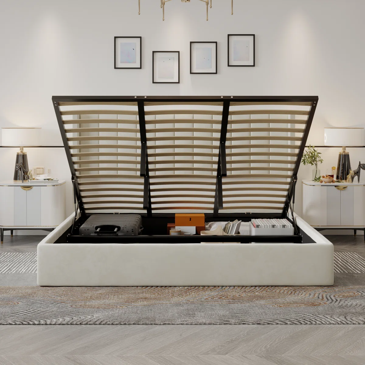 krissandra velvet tufted king bed with hydraulic storage