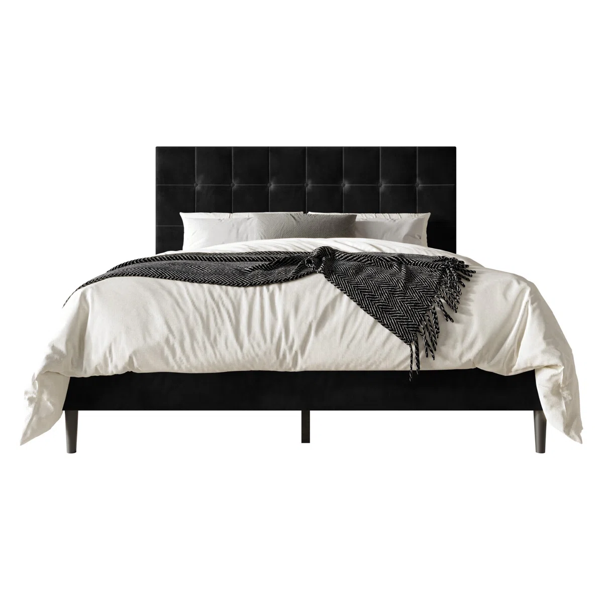 Black velvet bed with grid-tufted headboard, white bedding, and herringbone throw in a modern bedroom.